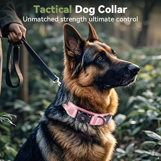 2026 Upgrade Waterproof Tactical AirTag Dog Collar, Built in AirTag Holder | Comfortable Control Handle, Quick Release Metal Buckle, Durable 1000D Nylon, For Medium to Large Dogs, Pink,L