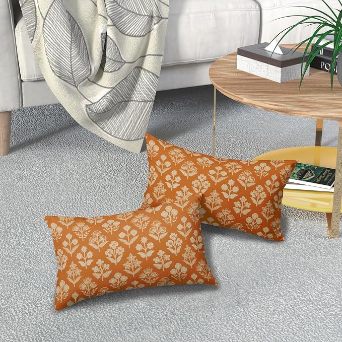 Burnt Orange Pillow Covers 12x20 Inch Set of 2, Cream Floral Block Print Pattern Lumbar Decorative Throw Pillowcases Outdoor Farmhouse Rectangle Cushion Covers Spring Summer Sofa Couch Bed Decor