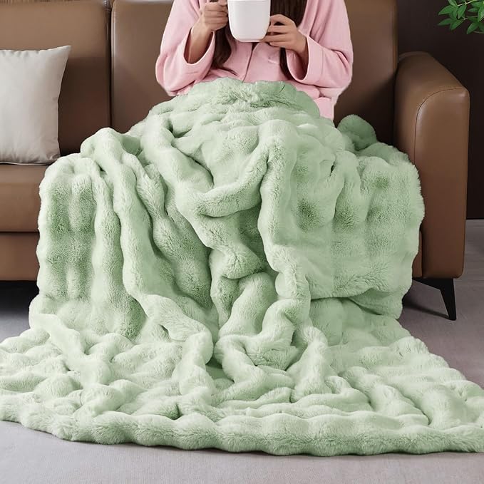 Sage Green Faux Fur Throw Blanket for Couch, Snuggly Double-Sided Bubble Plush Blanket with Soft Flannel Back,Decorative Gift for Sofa or Bed, Machine Washable, 50 x 60, 860 GSM