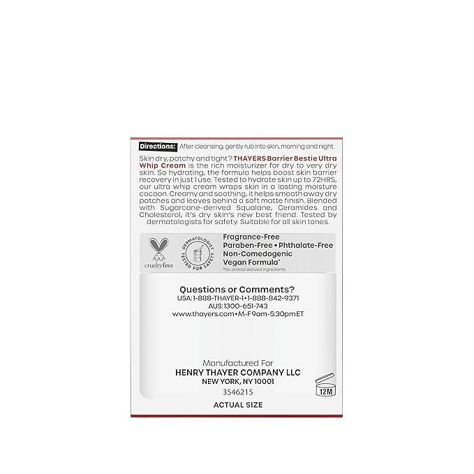 THAYERS Barrier Bestie Ultra Whip Face Cream, Moisturizer with Sugarcane Squalane and Ceramides, Skin Care for Dry to Very Dry Skin, 2.0 Oz