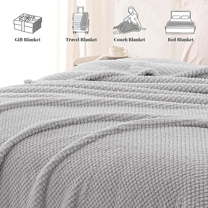 Whale Flotilla Soft Fleece Twin Size Bed Blanket, Light Grey | 60x80 Inch, Suitable for Bed, Fluffy Fuzzy Jacquard Blankets for All Season, Lightweight and Cozy