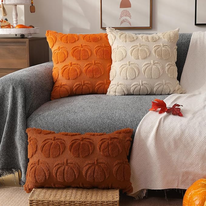 DFXSZ Fall Pillow Covers 18x18 2Pcs Beige Pumpkin Fall Decorations for Home | Fall decor Set of 2 Throw Pillow Cases Soft Plush Faux Fur Wool Couch Cushion for Chair Sofa Bedroom Living Room Home Decor