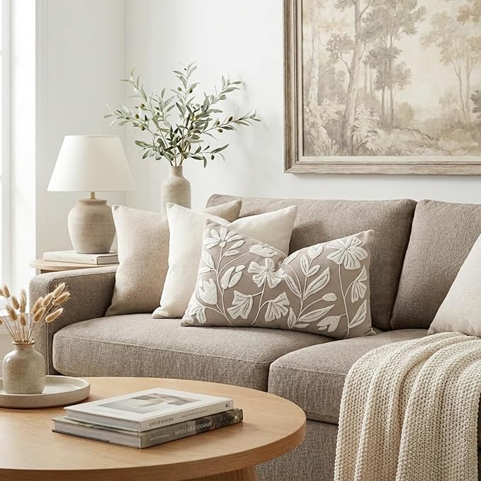 Decorative Lumbar Pillow Cover 12x20, Light Taupe Accent Velvet Throw Pillowcase for Couch Sofa Living Room, Floral Tufted Rectangular Cushion, Cover Only