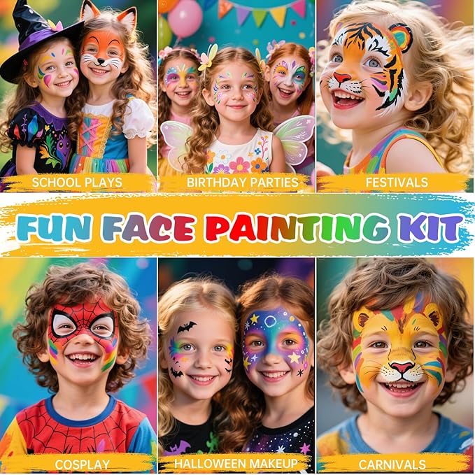 Face Painting Kit for Kids - 42 Colors Washable Face Paint Professional Face Paint Kit, with Brushes, Stencils, Palette, Gems, Crayon, Non-Toxic Body Makeup for Kids (Face Painting Kit)