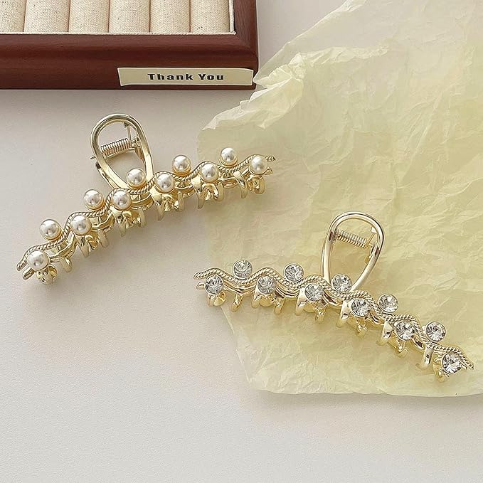 Crystal Hair Clips, Metal Imitation Pearl Hair Claw Clip for Women, Rhinestone Hair Claw Barrettes Non Slip Hair Clamp Fashion Wedding Party Accessories Elegant Jaw Clip Decorations for Lady (2 Pack)