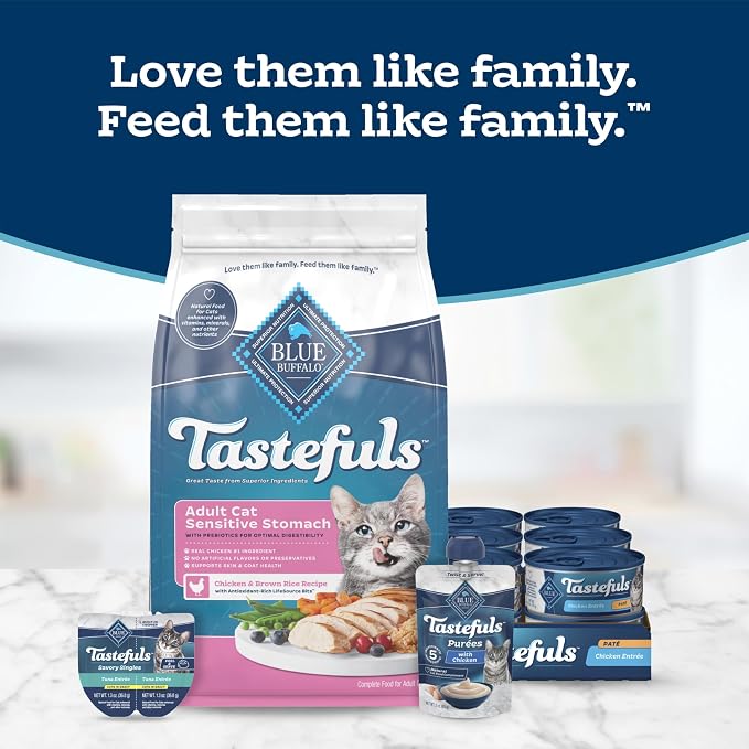Blue Buffalo Tastefuls Chicken Adult Sensitive Stomach Dry Cat Food, 3 lb | Chicken & Brown Rice Recipe, Whole Grains, Garden Veggies & Fruit, No Corn, Wheat, or Soy