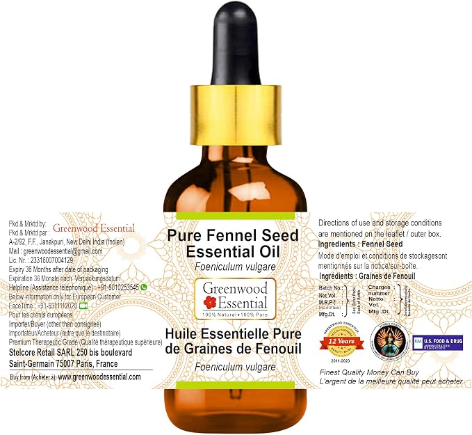 Greenwood Essential Pure Fennel Seed Essential Oil (Foeniculum vulgare) with Glass Dropper Steam Distilled 100ml (3.38 oz)