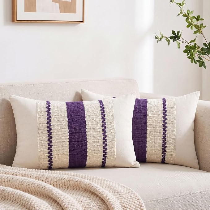 Fancy Homi Set of 2 Boho Purple Lumbar Decorative Throw Pillow Cover 12x20 Inch for Couch Bed Sofa Chair, Modern Organic Farmhouse Home Decor, Soft Cotton Cute Accent Rectangle Cushion Case