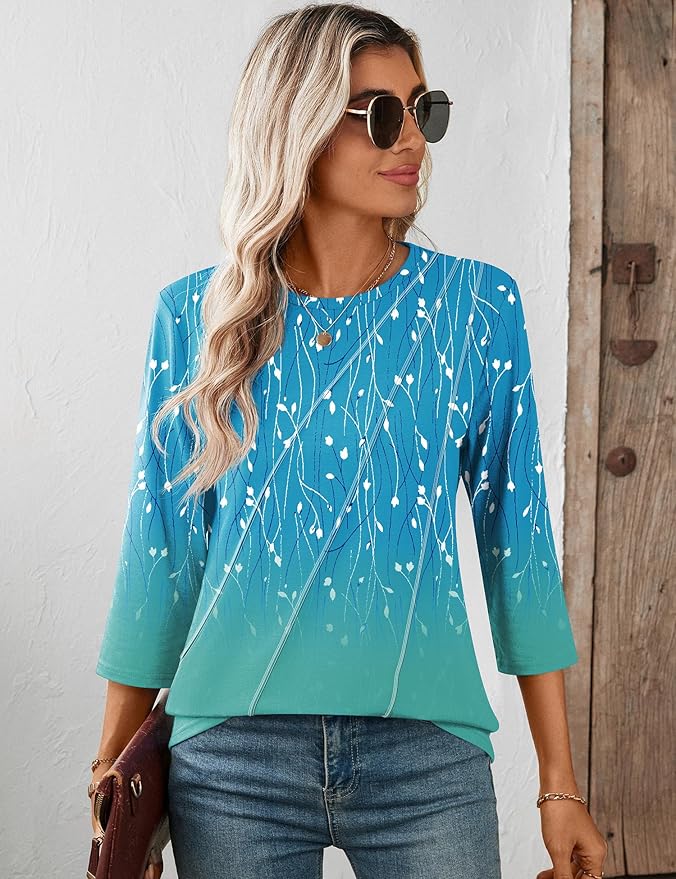 LOMON 3/4 Length Sleeve Womens Tops Spring Summer Fashion 2026 Tops Crew Neck Pleated Shirts Tunic Top Loose Fit