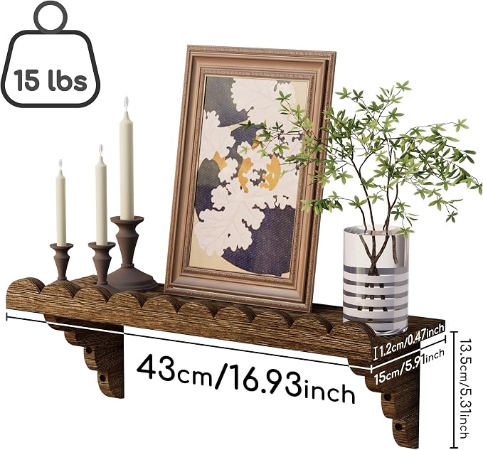 Scalloped Wood Wall Shelf – 17 Inch Floating Shelf with Wood Brackets, Easy to Install Rustic Wall Shelf for Living Room, Bedroom, Bathroom, or Any Space