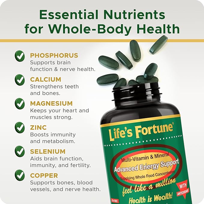 Life's Fortune Whole Food Multivitamin & Mineral, Advanced Energy Support Supplement, Daily Wellness for Men & Women, Amino Acids, Biotin, 180 Vegetarian Tablets