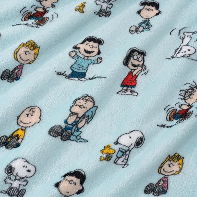 Berkshire Blanket Peanuts® VelvetLoft® Cute Character Snoopy Plush Oversized Throw Blanket, Snoopy Play with Peanuts Gang Light Aqua (50in x 60in)
