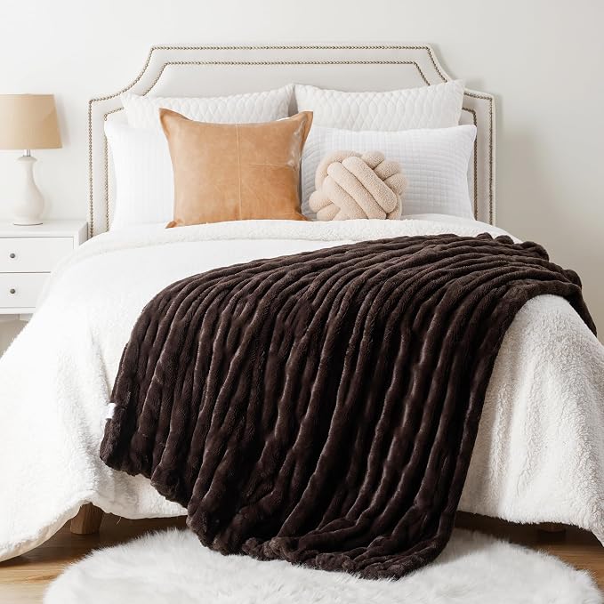 BATTILO Dark Brown Faux Fur Throw Blanket for Bed, Double Side, 60"x80" | Brown Throw Blanket Soft Cozy Warm Minky Blanket, Double Side Reversible Ruched Rabbit Fur Blanket for Living Room