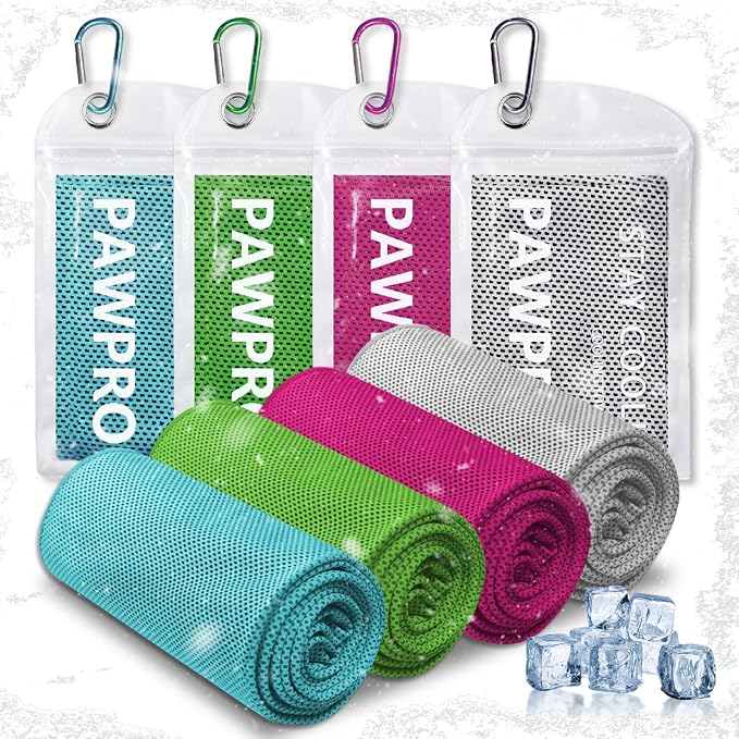 PAWPRO 4 Packs Cooling Towels for Neck and Face, Soft Breathable Gym Towels with Waterproof Bag & Carabiner, Multi-Colored Sweat Towels for Gym, Running, Yoga (Lake Blue/Grey/Pink/Green)
