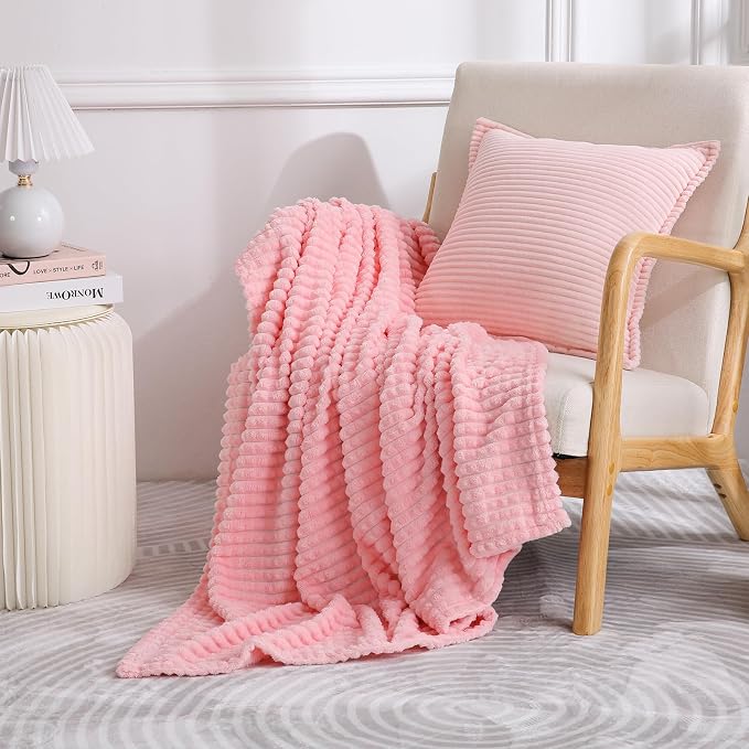 Puncuntex Fleece Throw Blanket Light Pink 50"×70" with Square Grid Design | Super Soft Plush Cozy Flannel Throw Blanket Luxury for Couch Sofa Chair