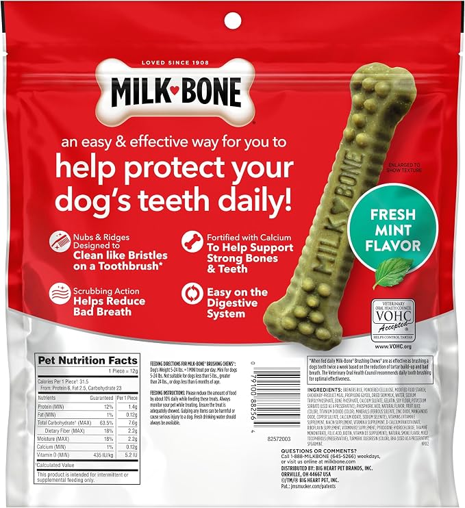 Milk-Bone Brushing Chews, Mini, Fresh Flavor, 48 Dental Treats | 18.9-oz. bag, Daily dental dog treats, For dogs 5-24 lbs., Fresh mint flavor