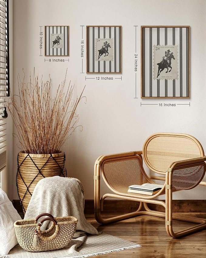 ZZLWBKGL Western Wall Decor Cowboy Canvas Art Bronco Framed Wall Art | Vintage Artwork Retro West Stamp Paintings Mid Century Bucking Aesthetic for Living Room Bedroom