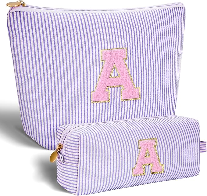Makeup Bag Set Initials Cosmetic Bag,Birthday Graduation Gifts for 10 11 12 13 14 15 16 17 18 Years Old Girl Girlfriend Teen Girls Gift Trendy Stuff Toiletry Bag Travel - Lavender,A