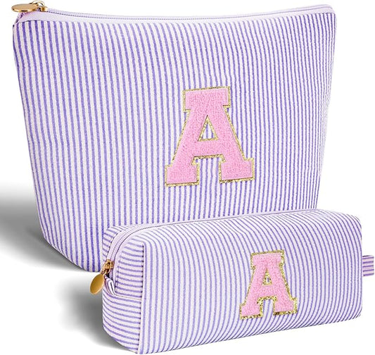 Makeup Bag Set Initials Cosmetic Bag,Birthday Graduation Gifts for 10 11 12 13 14 15 16 17 18 Years Old Girl Girlfriend Teen Girls Gift Trendy Stuff Toiletry Bag Travel - Lavender,A