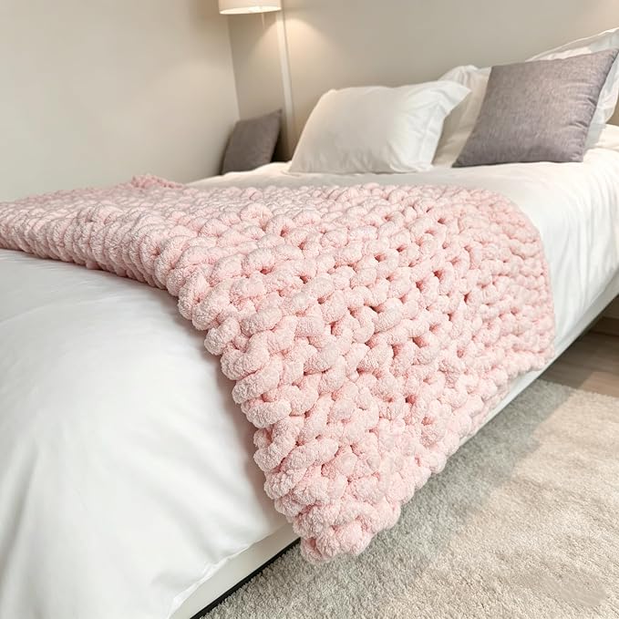 Soft Chunky Knit Throw Blanket for Couch, Cozy Warm Knitted Blankets | Hand Knit with Jumbo Chenille, Lightweight Warm Fluffy Decor for Women, Mom, Her & Girls, Sofa, Chair, Bed, 48"×71" (Pink)
