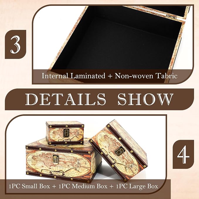Jolitac Wooden Storage Box Set of 3, Antique-Looking Storage Containers with Secret Compartments Vintage Nesting Keepsake Chests for Jewelry, Cash, Photos Travel-Friendly & Stackable (Map)