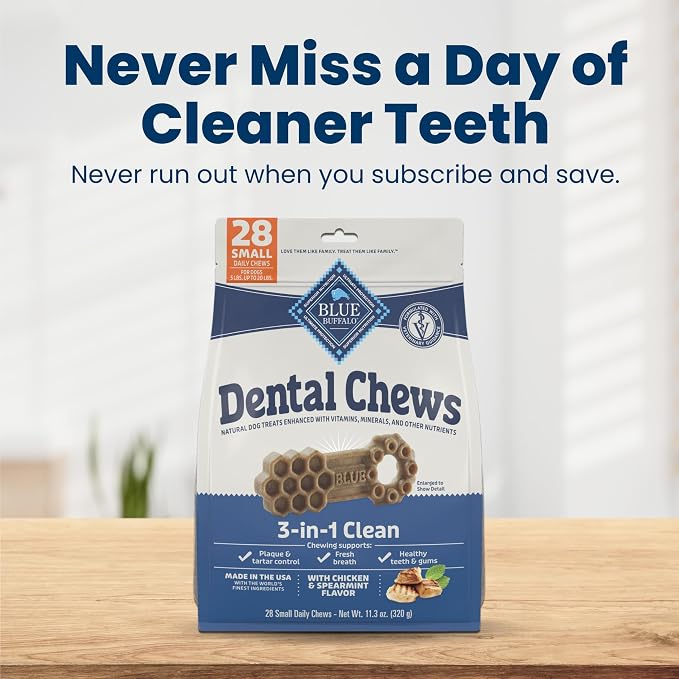 Blue Buffalo Chicken & Spearmint Small Dental Chews, 11.3 oz, 28 ct | 50 Ridges & Grooves Fight Plaque & Tartar, Spearmint Freshens Breath, Natural Ingredients