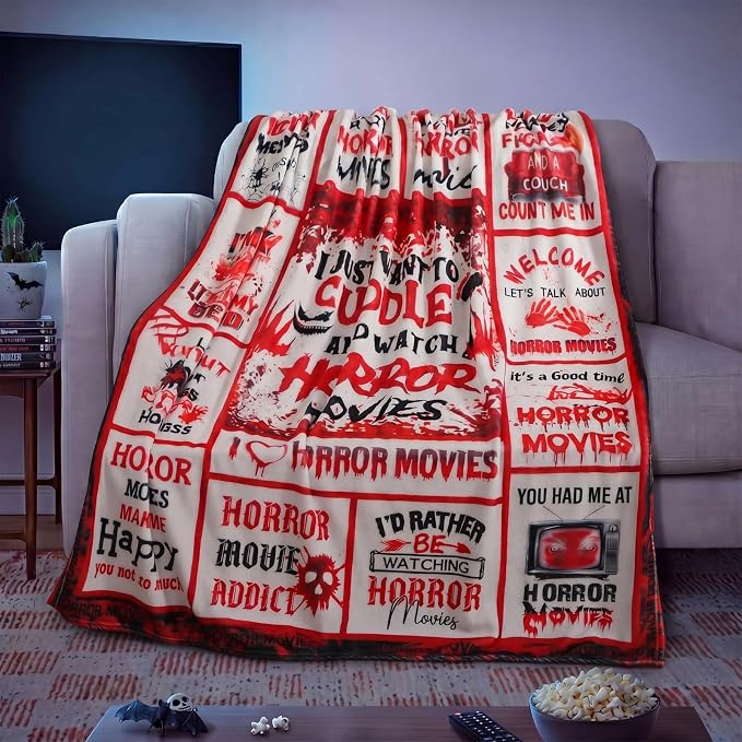 50"x 60" Horror Movie Throw Blanket Halloween Horror Movie Gifts | Scary Nightmare Plush Warm Blanket Black Red Halloween Decor for Home Sofa Decor Couch Bed