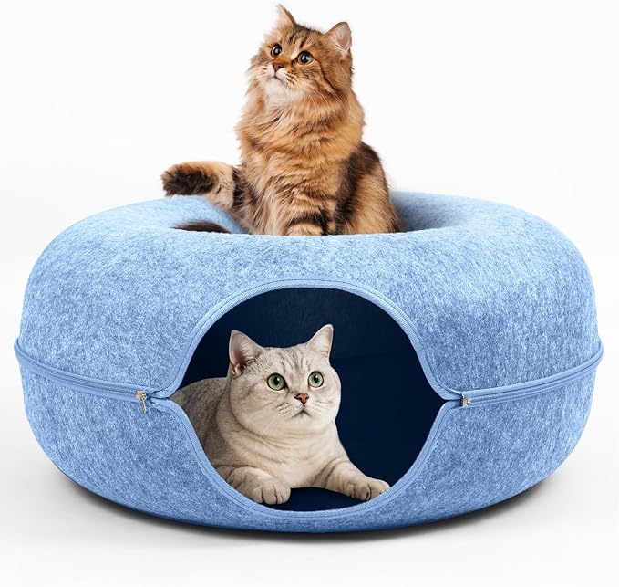 Cat Caves for Indoor Cats, Large Cat Tunnel for Multiple & Large Cats, Scratch Detachable Cave Bed, Kitten Donut Kitty Hideaway Up to 45 Lbs (Blue, Large, 1 Pack)