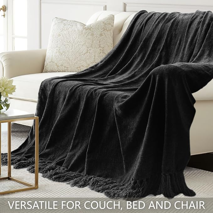 Chenille Throw Blanket for Couch 50" x 60", Black | Soft Cozy Luxury Throws with Fringe Tassel, Living Room Bed Sofa Chair Cover, Lightweight Knitted Boho Blankets Home Decor
