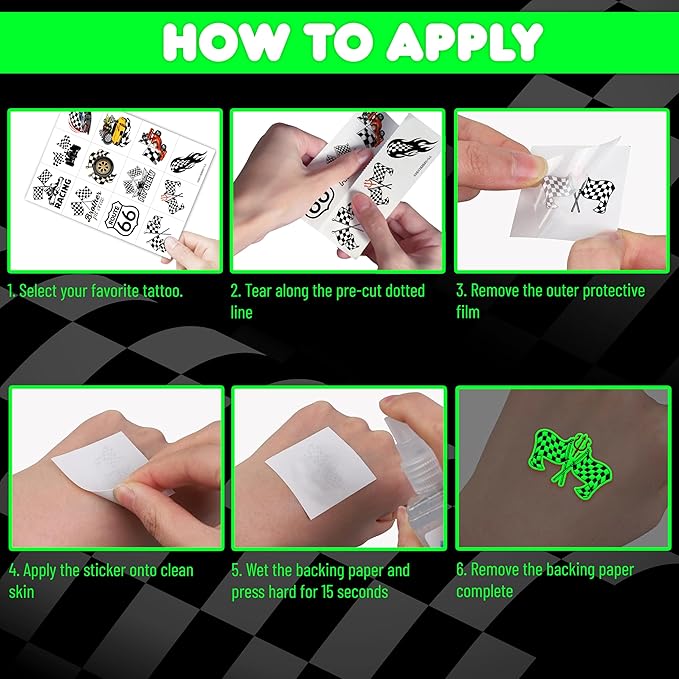 96 PCS Funny Race Car Checkered Flag Glow In The Dark Pre-Cut Black and White Temporary Tattoos Sticker Birthday Party Decorations Supplies Favors Gifts Boys Girls (Luminous)