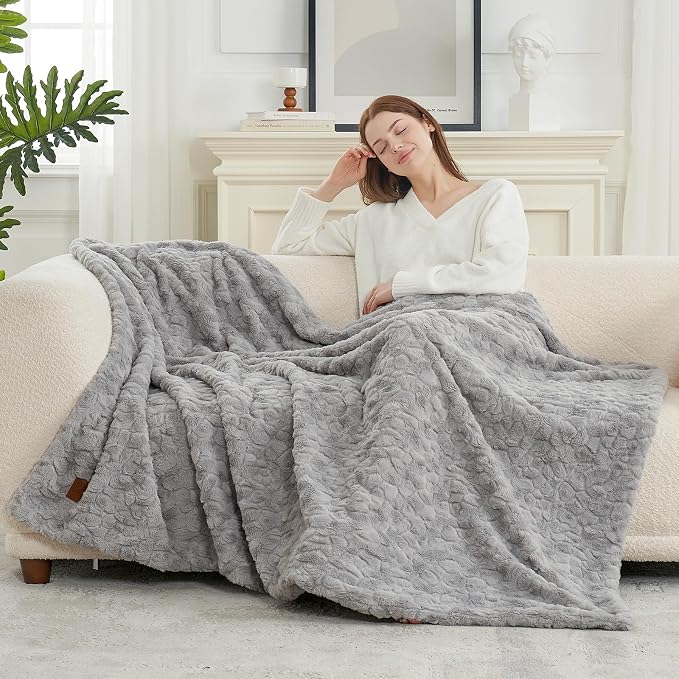 Cozy Bliss Faux Fur Throw Blanket for Couch, Fuzzy Soft Plush Thick Warm Fluffy Reversible Wave Textured Blanket for Sofa Bedroom Living Room, 55 * 70 Inches Grey (Pack of 2)