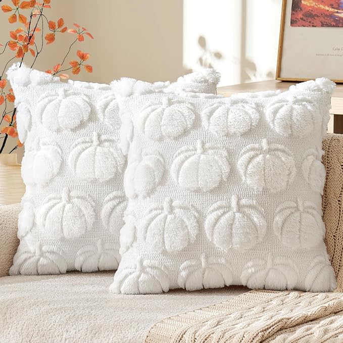 MIULEE Fall Pillow Covers Pumpkin Fall Decor 20x20 Pure White | Set of 2 Fall Decorations for Home, Plush Faux Fur Farmhouse Accent Pillowcases, Porch Sofa Couch Cushion Bed Livingroom