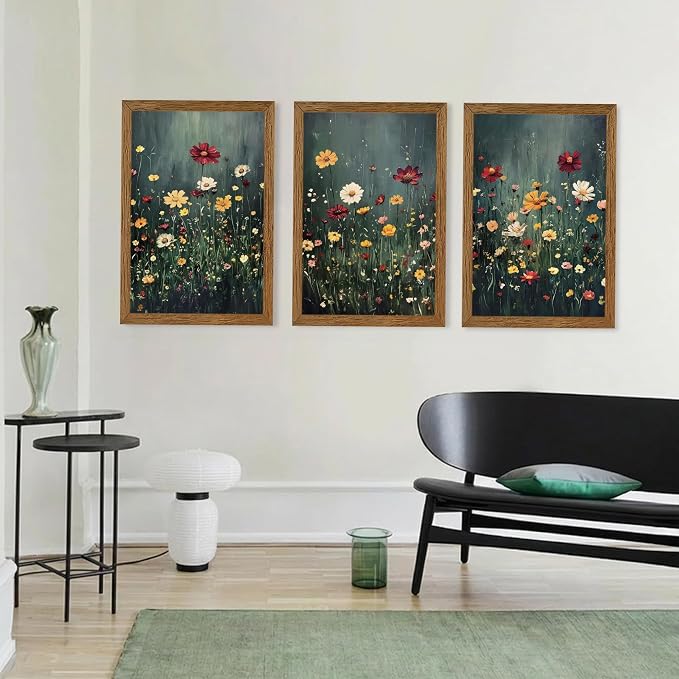Urmoya 3 Pieces Moody Wildflower Dark Academia Floral Wall Art, 20x30 in | Vintage nature floral landscape wall decor, Wood framed, Ready to hang, Canvas art prints, over sofa, Bedroom, Office