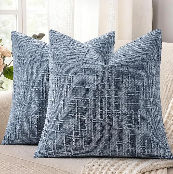 decorUhome Textured Chenille Throw Pillow Covers 22x22 Set of 2 Grey Blue | Fall Modern Farmhouse Soft Cozy Slubby Couch Pillow Cases Boho Decorative Pillow Cases for Bed Sofa Living Room Home Decor