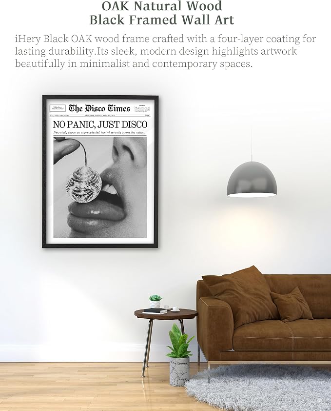 iHery 12x16in No Panic Just Disco Black Framed Newspaper Wall Art | Premium Black Natural OAK Wood Frame with Canvas Print, Retro Disco Ball Decor for Bedroom, Girl Dorm, Living Room 1Pack