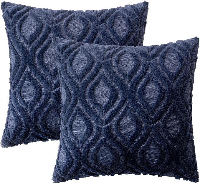 MIULEE Navy Blue Soft Plush Faux Wool Throw Pillow Covers 18x18 | Set of 2, Farmhouse Boho Home Decor, Decorative Cushion Covers for Sofa, Living Room, Bed
