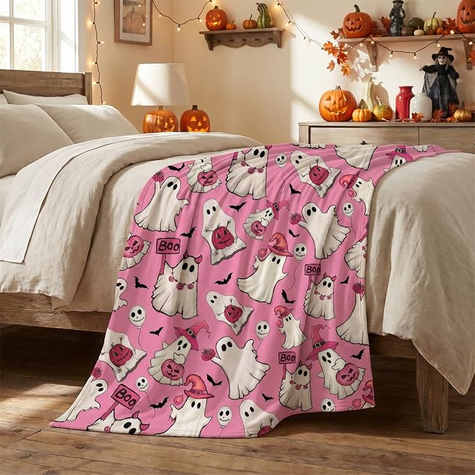 Horaldaily Halloween Pink Ghost Pumpkin Skulls Flannel Throw Blanket 50x60 | All Season Using Ultra Soft Fuzzy Plush Cozy Non-shedding Blanket for Couch Sofa Bed Camping, Ideal Gift for Kids Adults