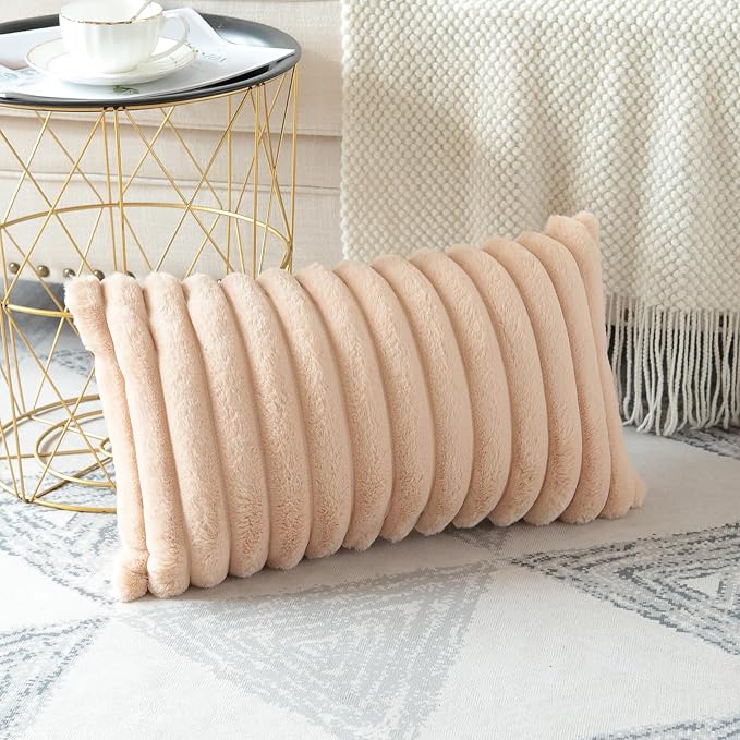 Soleebee Set of 2 Throw Pillow Covers Soft Cozy Velvet Pillowcase Faux Rabbit Fur Cover for Couch Sofa Bed Chair Home Decorative Pillows Cover (12x20 Inch, Camel)