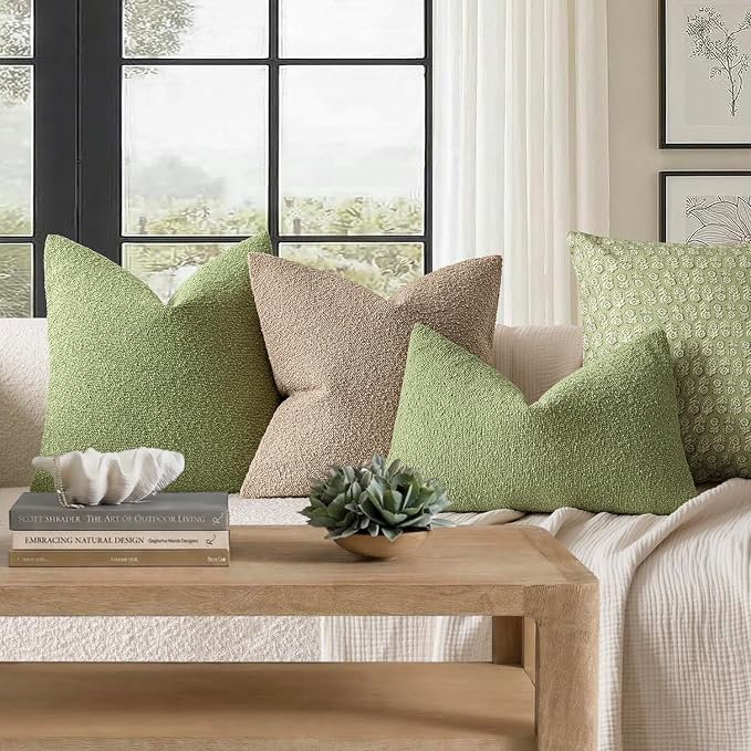 Foindtower Pack of 2 Textured Boucle Throw Pillow Covers Accent Solid Pillow Cases Cozy Soft Decorative Couch Cushion Case for Couch Chair Sofa Bedroom Living Room Home Decor 18x18 Inch Leaf Green