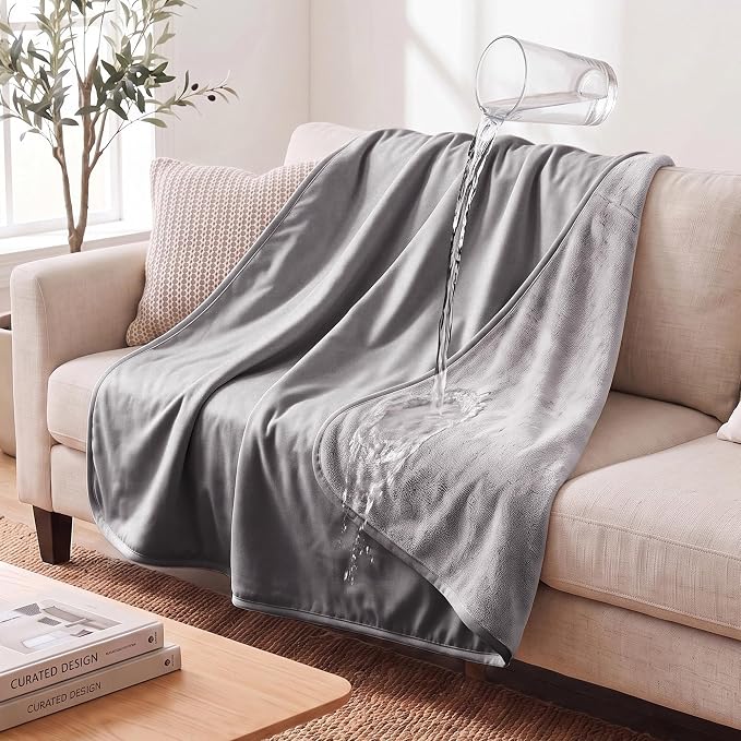 Waterproof Blanket - Reversible Dog Throw as Furniture Protector | Soft Velvet & Flannel, TPU Leak-Proof Liner, Machine Washable, Fits Couch and Bed, 52" x 82", Lightgrey/Darkgrey
