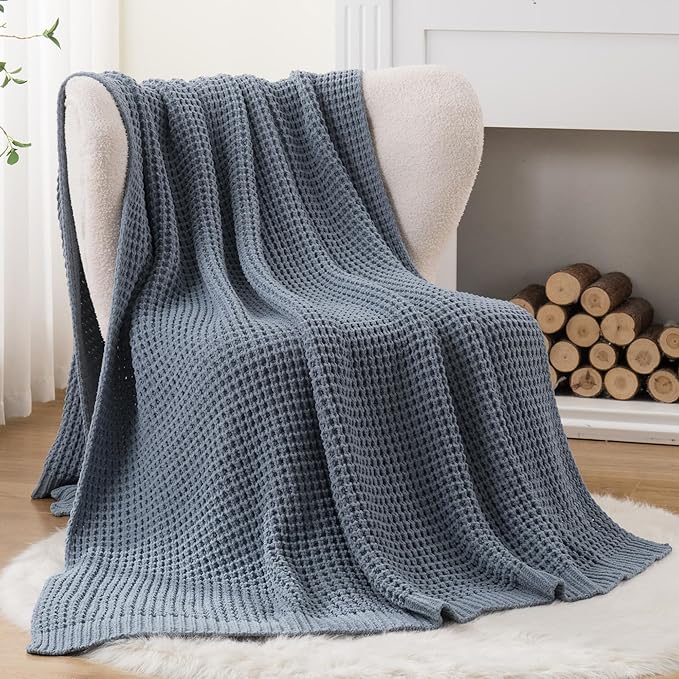 Blue Grey Throw Blanket for Couch, Waffle Knitted Throw Blanket 60"x80" | Chunky Chenille Throw Blanket, Soft Blue Throw Blanket for Home Decor, Sofa, Modern Farmhouse Knit Style