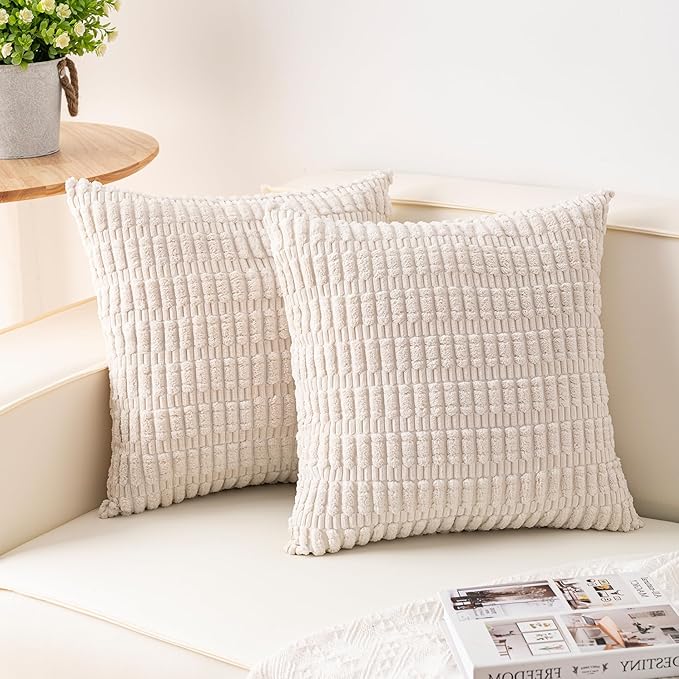 Pack of 2 Corduroy Decorative Throw Pillow Covers 26x26 Inch, Cream White | Fall Soft Striped Pillow Covers Modern Farmhouse Home Decor Christmas Throw Pillow Covers for Sofa Living Room Couch Bed