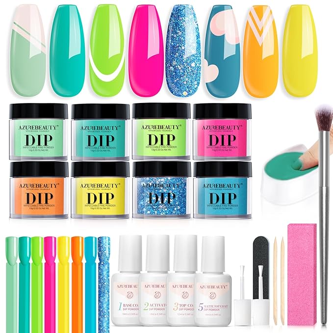 AZUREBEAUTY Dip Nails Powder Starter Kit, Summer Bright Pink Green Series Friendly Acrylic Dip Powder for French Nail Art Manicure,Gift for Women,Air-dry No Nail Lamp Needed