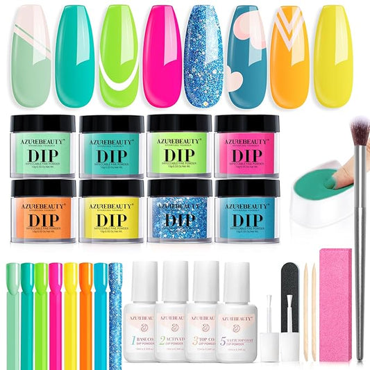 AZUREBEAUTY Dip Nails Powder Starter Kit, Summer Bright Pink Green Series Friendly Acrylic Dip Powder for French Nail Art Manicure,Gift for Women,Air-dry No Nail Lamp Needed