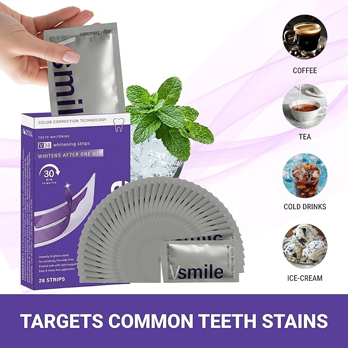 VSmile V38 Teeth Whitening Strips, 28 Count – Peroxide-Free Purple Color Correcting Teeth Whitener Strips with Pap+ & Hydroxyapatite, Enamel Safe, No Sensitivity