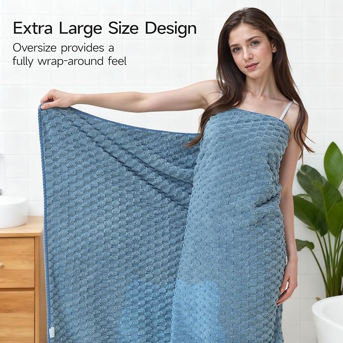 REDKISS Blue Microfiber Towels Set of 6-35x70 Inches Oversized Bath Sheets, Extra Large Bath Towels Set of 6, Super Soft Quick Dry Lint Free Absorbent Waffle Microfiber Shower Towels