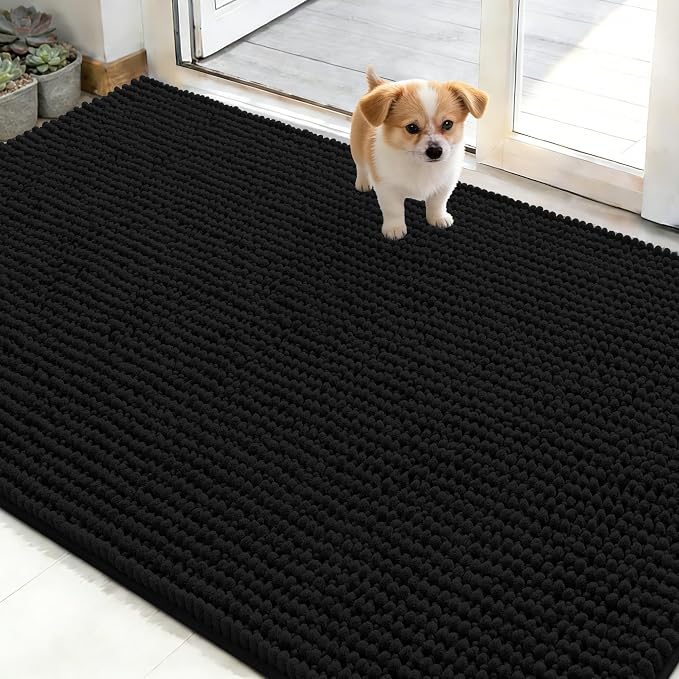 OLANLY Dog Door Mat for Muddy Paws 48x30, Extra Absorbent Chenille Mud Mat | Black, Absorbs Moisture and Dirt, Non-Slip Machine Washable Doormat, Quick-Drying Indoor Entryway Floor Mat for Dogs