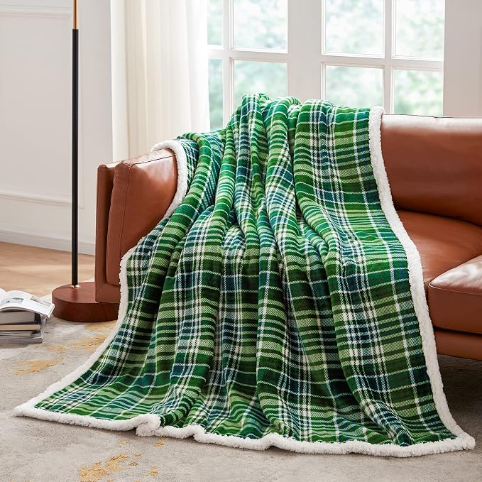 Sherpa Plaid Throw Blanket(60" X 70", Plaid Green), Fuzzy Fluffy Cozy Soft Blanket, Fleece Flannel Plush Twin Size Microfiber Blanket for Couch Bed Sofa