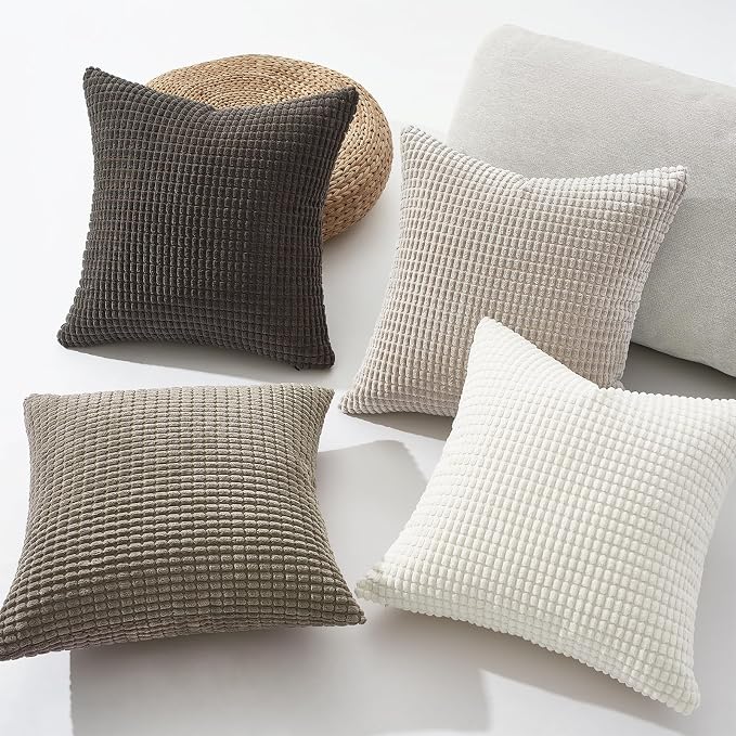 Topfinel Neutral Grey Throw Pillows Covers for Couch Living Room,Boho Corduroy Striped Grey Cushion Covers Holiday 4 Packs, Nordic Cushion Case-Vintage Fluffy Large Bedroom Shams 18x18 Inch Set of 4