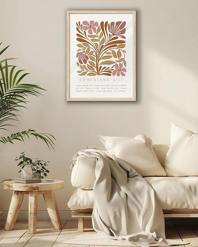 EcoHest 12x16 in Ephesians 3:17 Abstract Floral Framed Christian Wall Art | Natural Oak Wood Frame with Canvas Wall Art, Scripture Bible Verse Wall Decor for Bedroom, Living Room, Office, Church, 1Pack
